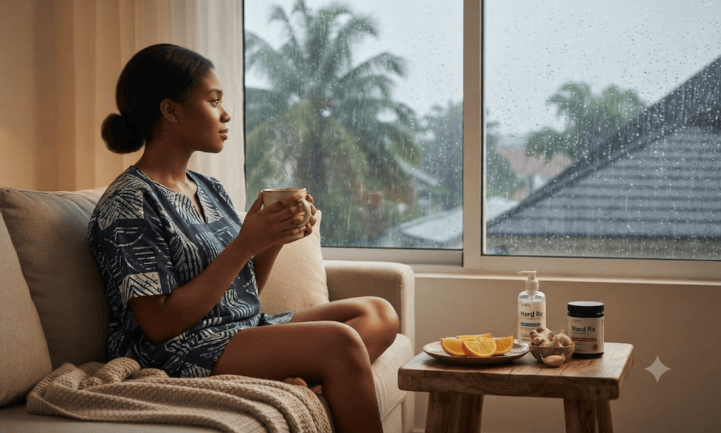 A person holding a warm cup of tea indoors in Nigeria while it rains outside.